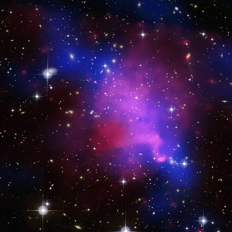 Figure 3. The galaxy cluster Abell 520. The galaxies (little yellow blobs) are swimming through a sea of hot plasma (red fuzz) and dark matter (most of the blue fuzz). At the distance of this object, light would take a million years to traverse the square image. Credit: NASA/Mahdavi/Chandra X-ray Observatory.